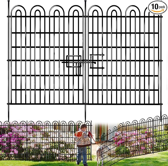 10 Panels Tall Garden Animal Barrier Fence with Gate, 42 in(H) X 24.5 ft(L) No Dig Decorative Garden Fence Outdoor for Yard, Heavy Duty Rustproof Metal Edging Border for Dog, Rabbits