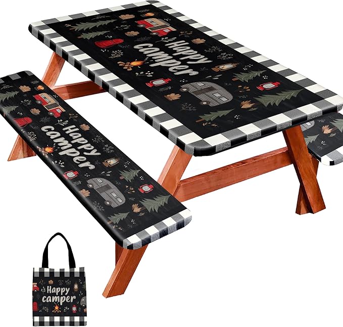 Picnic Table Cover with Bench Covers, Camping Essentials, Fitted Camping Tablecloth with Bag, Waterproof and oilproof with elastic Edge for Indoor Outdoor Patio, 72in (Happy Camper)