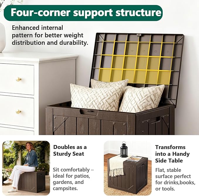 Outdoor Storage Box,30 Gallon Deck Box Outdoor Storage Bench Outside Waterproof Resin Storage Bench, Lockable Patio Cushions, Garden Tools Storage For Furniture, UV Resistant Brown