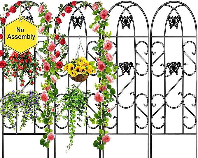 AMAGABELI Garden & Home 4 Pack Garden Trellis for Climbing Plants 60" x 18" Black Iron Trellis for Potted Plant Support Butterfly Metal Trellis for Climbing Roses Vine Flower Cucumber Clematis GT02