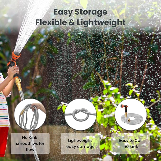 Giraffe Tools Garden Hose 75ft x 5/8", 304 Stainless Steel Metal Water Hose, No Kink Garden Water Hose with 9 Pattern Spray Nozzle, Flexible, Lightweight, Kink Free Hose for Yard, Outdoor