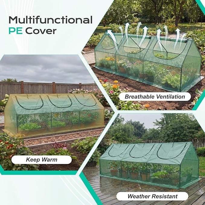 BPS 9x3x3 ft Mini Greenhouse with Green PE Cover UV-Protected Roll-Up Zipper Doors, Ideal for Indoor or Outdoor Use on Raised Garden Beds