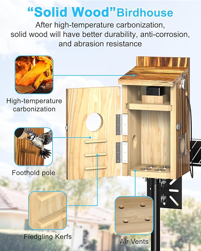 Bird House with Camera Solar Powered,2K HD Wi-Fi Bird Watching, Auto Detect&Notify, Night Vision, APP Control, Birdhouse for Birds Nesting, Wooden Birdhouse with Cam Inside (Include Pole)