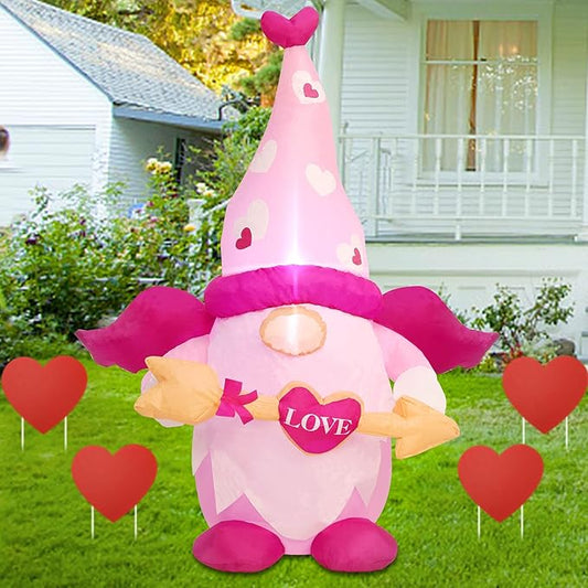 Juegoal Valentine Inflatable Cupid Gnome, Lighted Blow Up Pink Swedish Gnomes with Arrow, Indoor Outdoor Valentines Wedding Xmas Decor, Built in LED Light Up Holiday Lawn Yard Garden Decorations