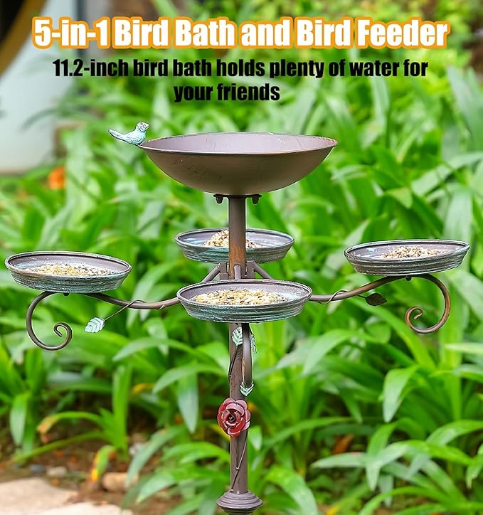 46”H Bird Bath and Feeder for Outdoors - Metal 5-in-1 Freestanding Bird Feeder for Outside, Cast Iron Pedestal 3 Prong Stake for Garden Patio Yard