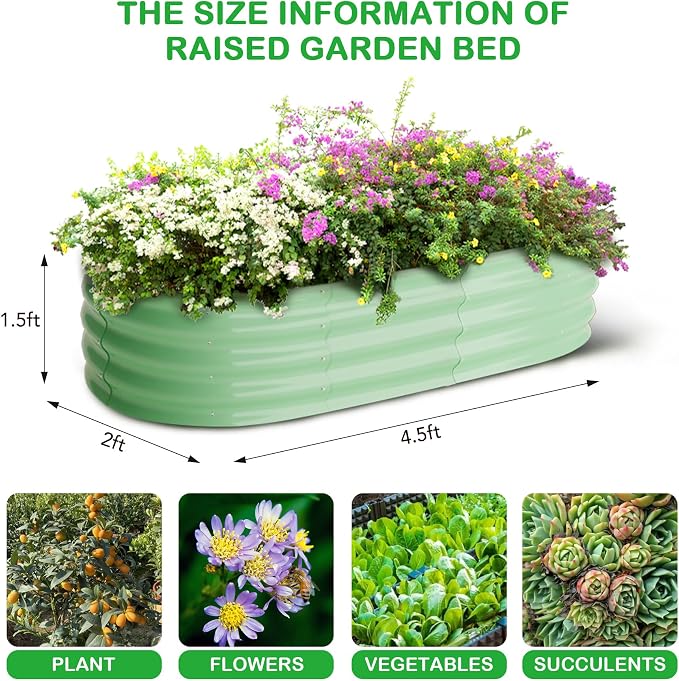 GarveeLife 2 Pcs 4.5x2x1.5ft Oval Raised Garden Bed,Galvanized Raised Beds,Open-Ended Base Metal Raised Planter Beds,Garden Bed Outdoor,Planter Raised Boxes for Vegetables,Flowers,Tool-Free Asse,Green