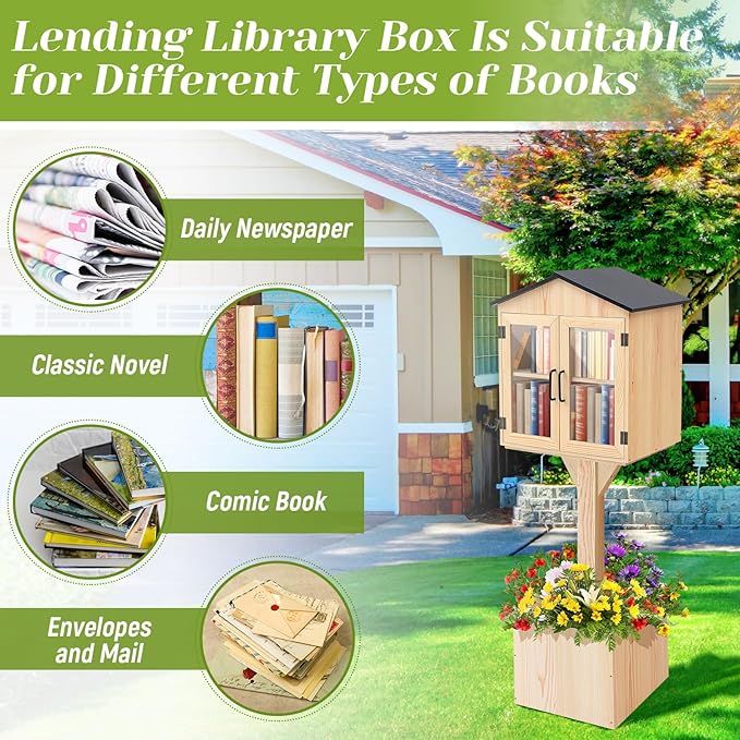 Wonderjune Little Library Box Outdoor, Durable Weatherproof Solid Wood Free Library Book Exchange Box with Floor Plugs and Small Flower Fence for Neighborhoods, Community and School