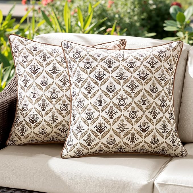 ANRODUO Floral Outdoor Pillow Covers 18x18 Waterproof Set of 2 Block Print Accent Decorative Cushion Cases with Refined Edge Piping for Spring Patio Porch Garden Couch Sofa Bench Decor Brown