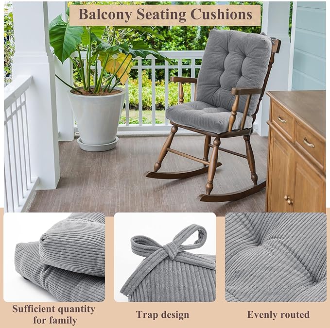 Juexica 4 Set Outdoor Patio Chair Cushions Corduroy Seat High Back Tufted Pillow Replacement Rocking Patio Chair Pads for Outdoor Indoor Home Office (Gray)