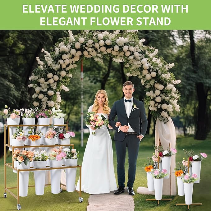 Flower Cart Display Stand, 3 Layers Metal Flower Bar Stand with 360° Swivel Wheels and Brake, Flower Display stand with Iron Buckets, Durable than Plastic Buckets, Flower Holder for Florist or Wedding