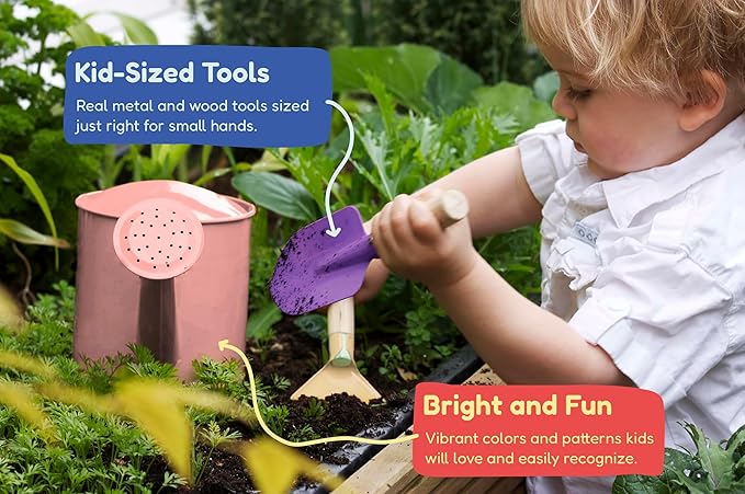 Kinderific Gardening Set, Tool Kit, for Kids, STEM, Includes Tote Bag, Spade, Watering Can, Rake, Fork, Trowel and Gloves (Princess Pink)