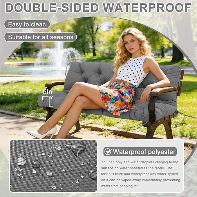 Porch Swing Cushions 70 inch Waterproof & Fade Resistant Thicken 5" Outdoor Swing Cushions 3 Seater Replacement with Backrest & Ties Patio Swing Cushions for Outdoor Furniture (Dark Gray)