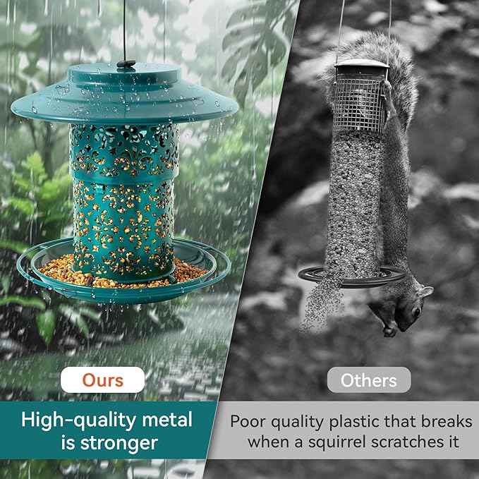 Metal Bird Feeders for Outdoors Hanging, Weather Resistant Wild Bird Feeder with 360 Degree Feeding Tray (Green)