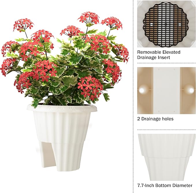 Railing Planter Box 2-Pack - 13.5-Inch Round Outdoor Flower Pots with Drainage Inserts - 2.64-Gallon Outdoor Planters for Porch, Deck, Fence, or Balcony Railings 3” - 3.75” Wide by Pure Garden (White)