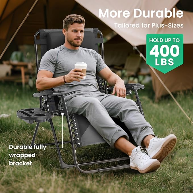 Zero Gravity Chair Oversized Padded Recliner with Adjustable Headrest & Cup Holder - XL 600D Oxford Folding Lounge Chair for Outdoor Camping, Patio, Poolside (Upgraded Black & Gray)