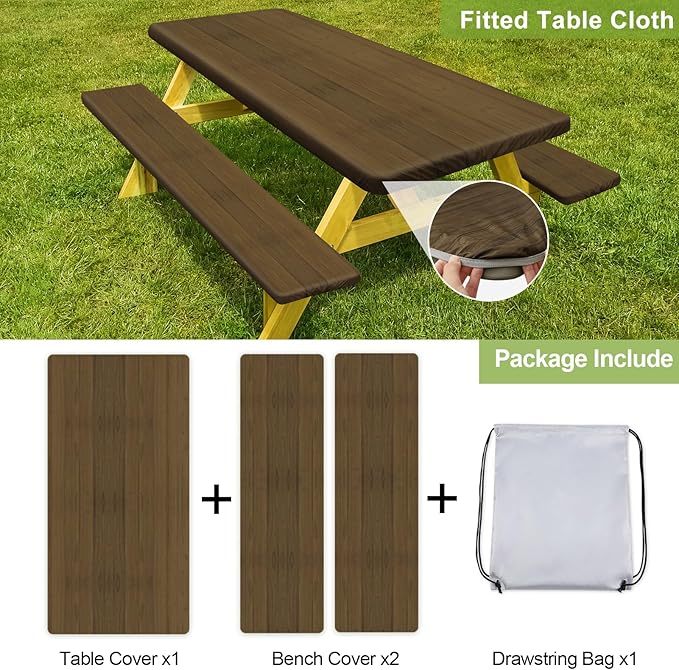 Play Tailor Picnic Table Cover with Bench Covers Camping Essentials Waterproof Windproof Camping Tablecloth with Drawstring Bag, Fitted Rectangle Tables and Seats, 72in, Dark Brown