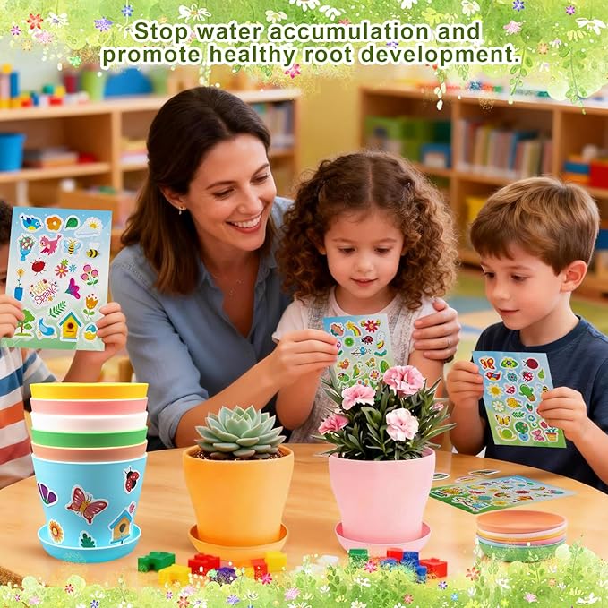 Garden Paper Pot Craft Kit, 36 Durable Resin Garden Pot with Tray Drainage Holes Adhesive Stickers and 40 Colorful Writable Cards, Flower Plant Spring Craft for Classroom DIY Flower Planting