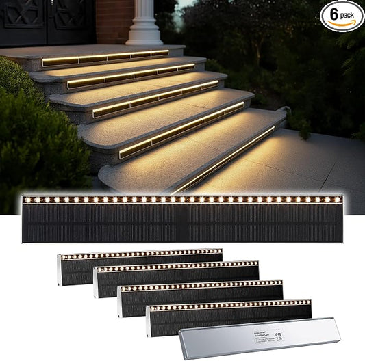SHONELIGHTING Solar Step Lights for Outside, 33 Focused-Beam High-Brightness LEDs, Waterproof Aluminum Outdoor Stair Light for Risers, Curbsides, Poolsides, Planter Edges (Warm White, 6Pack)