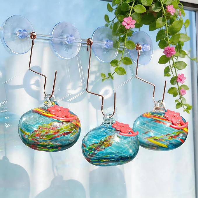 QFkris Set of 3 Blown Glass Hummingbird Feeder with Suction Cups for Window, Small Hummingbird Feeder with Flower Feeding Ports for Outside Garden Backyard Decor, Gifts for Women Mom(Blue)