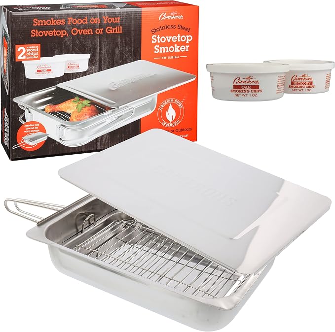 Camerons Large Stovetop Smoker - Stainless Steel BBQ Smoker Box w/Hickory & Oak Wood Chips & Recipe Guide - Indoor Outdoor Use on Any Heat for Smoking Meats, Veggies & Seafood - Grilling Gift for Men