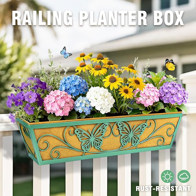 6 Pack 24 Inch Railing Planter Boxes Window Box Planters with Liner | Adjustable Bracket, Heavy Duty Hanging Basket, Metal Butterfly Decor, Retain Moisture Fabric Liner, Vibrant Spring Green
