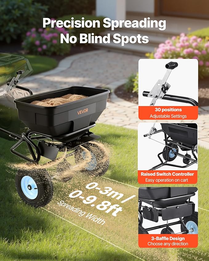 VEVOR Tow Behind Broadcast Spreader, 130LBS Capacity, Tow/Push Garden Spreader with 13 in Tires, 30 Adjustable Setting & 9.8 ft Spreading Width, Lawn Spreaders for Seed, Fertilizer, Salt, Ice Melt