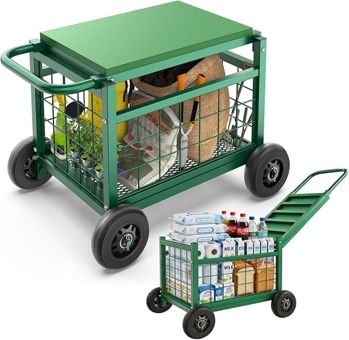 Extra-Large Rolling Garden Work Seat with Wheels, Metal Rolling Gardenning Cart, 500 lb Steel Frame, Large Storage Basket Garden Rolling Stools with Wheels for Seniors, Patio, Green