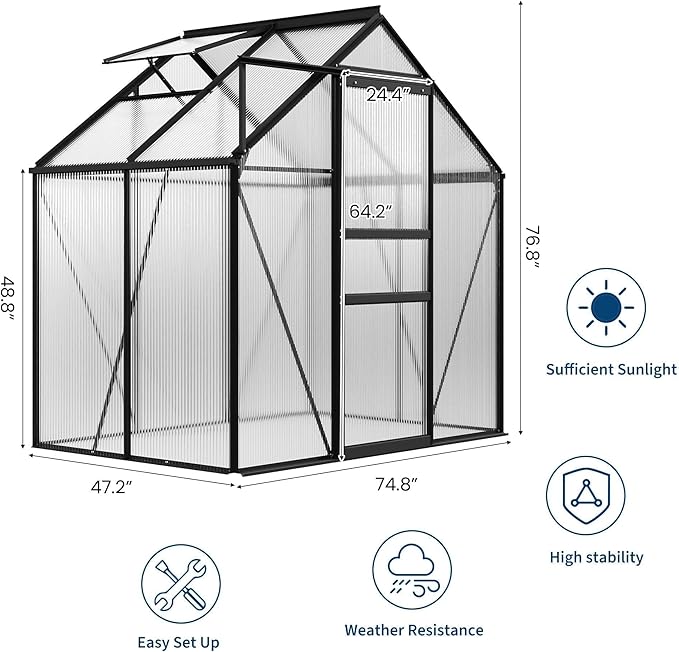 6x4FT Greenhouse for Outdoors, Walk-in Polycarbonate Greenhouse with Sliding Door, Adjustable Roof Vent & Gutter System, Portable Outdoor Green House Kit for Winter Gardening