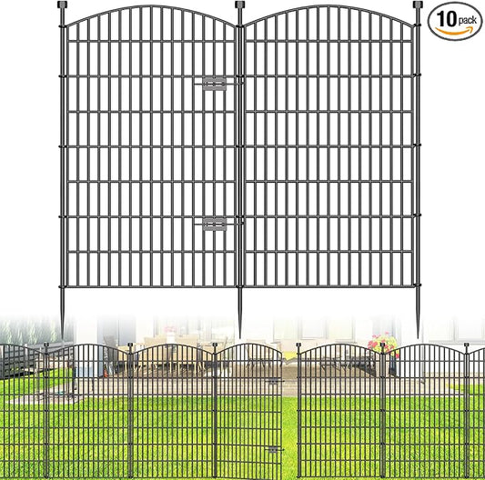 10 Panels No Dig Decorative Garden Fence with Gate - 48 in (H) x 22.6 ft (L), Dog Fence Outdoor for Yard, Rustproof Metal Animal Barrier Ground Stakes Fencing for Garden, Patio, Flower Bed