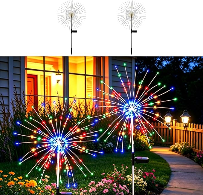 Solar Firework Lights for Outside,150 LED RGB Color Changing Firework LED Solar Fairy Light Twinkling Tree Outdoor for Garden Yard Landscape Wedding Christmas Party Decor Multicolor (2 Pack)