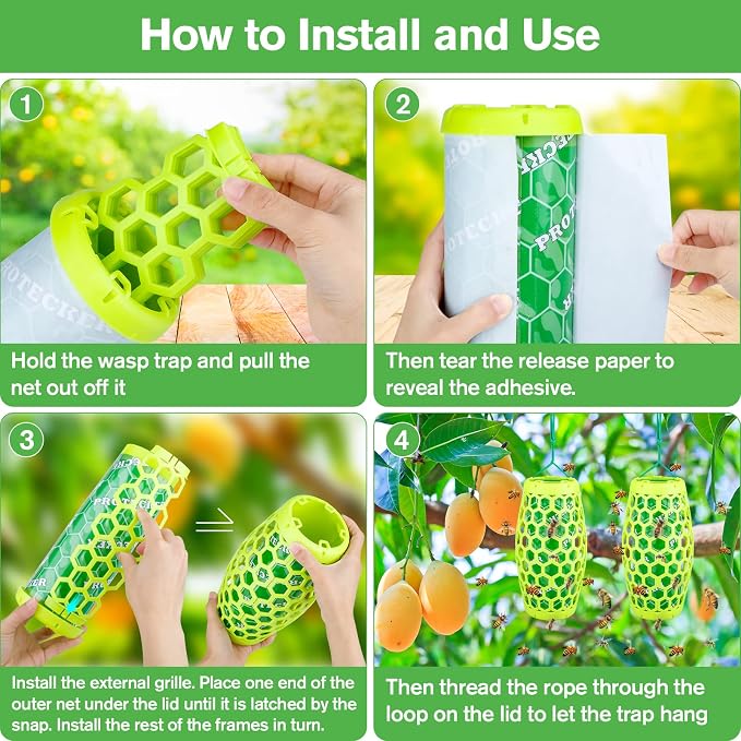 Wasp Trap Bee Catcher - Outdoor Hanging Carpenter Bee Traps with 4 Sticky Boards, Non-Toxic Reusable Hornet & Yellow Jacket Trap, 2 Pack (Green)
