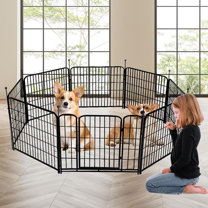 Getlay Garden Fence with Gate 36 in(H)×27 in(L) 4 Panels, Heavy Duty Iron Animal Barrier Fence, Rabbit Fence for Garden, Suitable for Indoor Pet Or Outdoor Dog Fencing, Total 8.9 Ft(L), Black