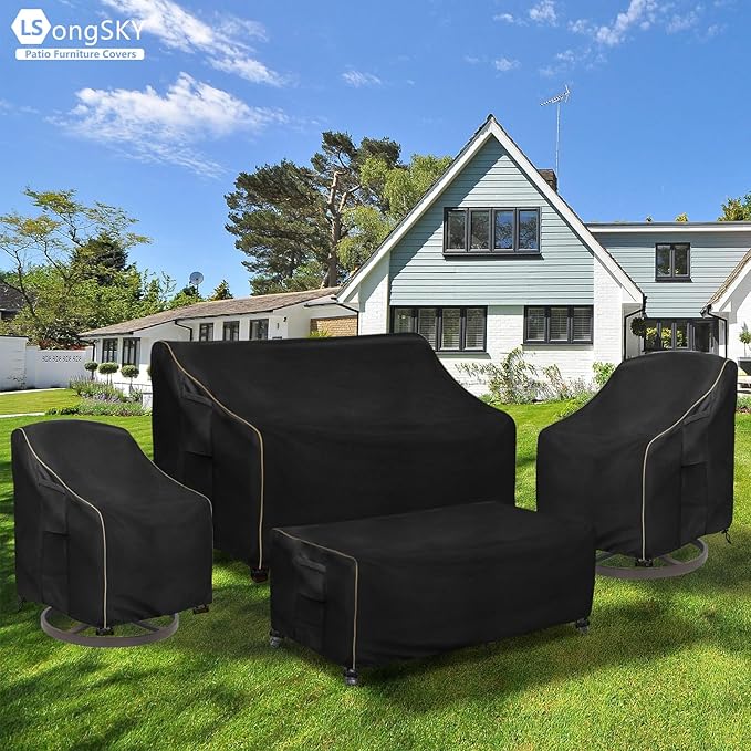 Patio Furniture Covers 4 Piece Set, 600D Heavy Duty Outdoor Furniture Covers Waterproof for Patio 3-Seater Sofa,Swivel Rocker Chair and Coffee Table Furniture Set,Black
