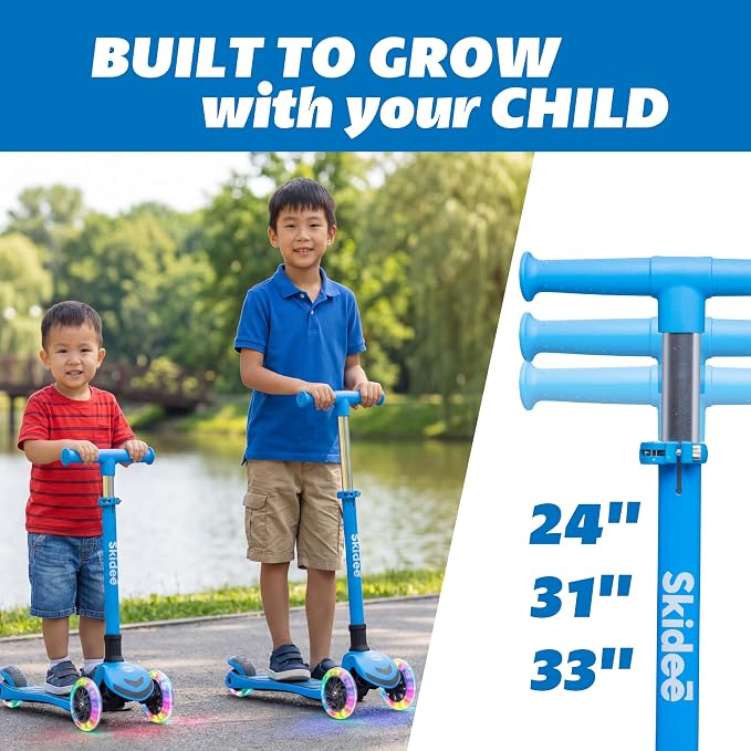 SKIDEE Kick Scooter for Kids Ages 3-5 | Foldable 3 Wheel Scooter with Lean-to-Steer, Adjustable Height, Removable Seat & LED Light Wheels | Toddler Scooter Up to 12 Year Old Boys/Girls
