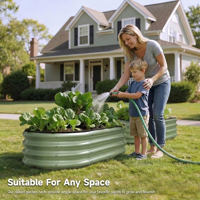 2PCS 4x2x1 FT Oval Metal Raised Garden Bed Kit, Elevated Garden Planter Box Outdoor, Trough Planter for Outdoor Plants, Flower, Vegetables, Fruit, Herbs (Green)