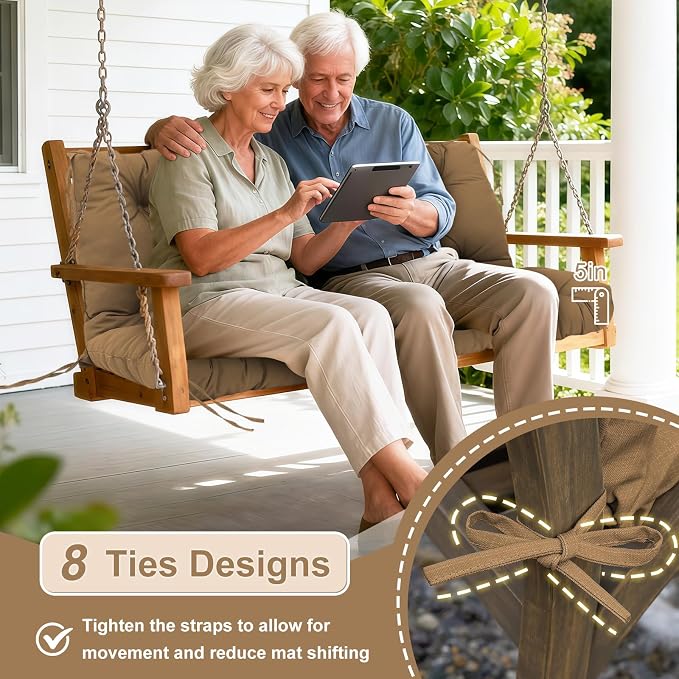 Porch Swing Cushions Outdoor 48 inch x 40 Waterproof Swing Cushions 3 Seater Replacement with Backrest & 8 Ties 5" Thick Bench Swing Cushions for Outdoor Furniture Patio(Brown)
