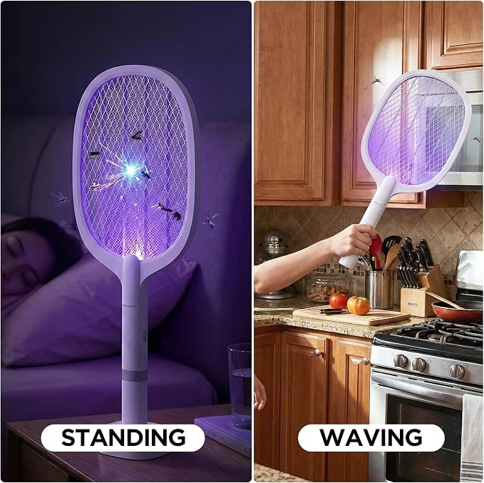 Fly Swatter Electric(2 Pack) Bug Zapper Racket, USB-C Rechargeable Electric Fly Swatter Portable Handheld Cordless Fly Swatter Racket to Kill Mosquitoes, Wasps, Gnats, Flies, Bugs, with Stand