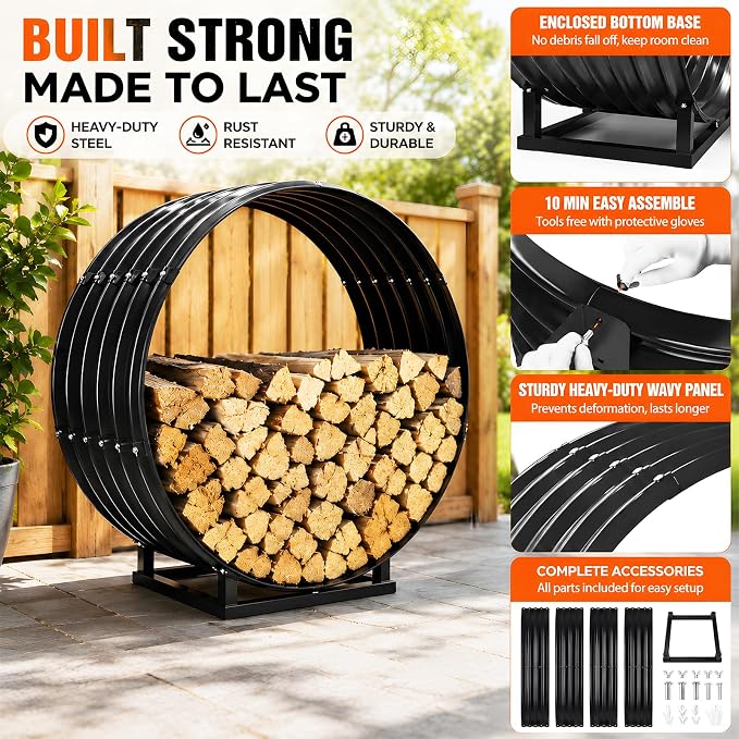 32" Firewood Rack with Roof Cover, Indoor & Outdoor Log Holder Keeps Firewood Dry, Clean & Organized for Fireplace, Patio & Backyard, Heavy-Duty Steel Wood Storage Rack, 500LBS Capacity
