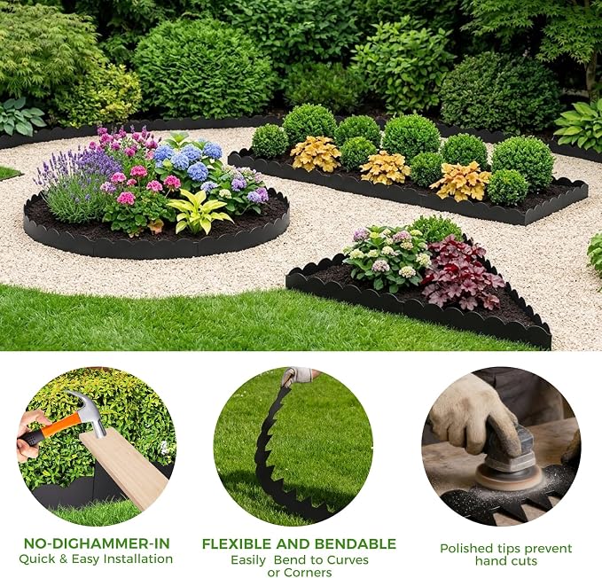 Cor-Ten Steel Landscape Edging 6-Pcsk, 40" L x 7" H Metal Garden Border with 8 Stakes, Heavy Duty Hammer in Landscape Edging for Lawn, Pathway, Yard, Black(20 Ft Total)