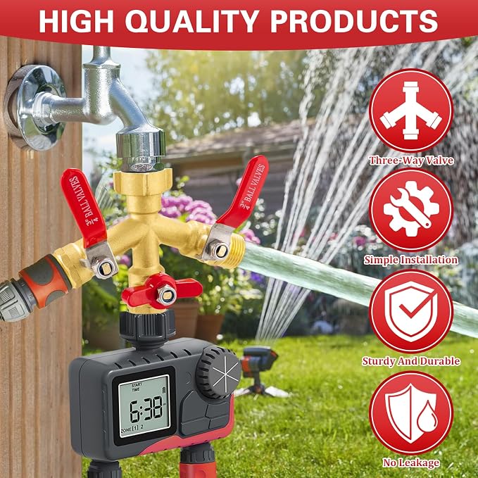 High Flow 3 Way Hose Splitter, Heavy Duty Brass Garden Hose Splitter,Water Hose Spigot Splitter with Easy-Grip Metal Handles, 3/4" GHT Thread Garden Hose Bib Splitter