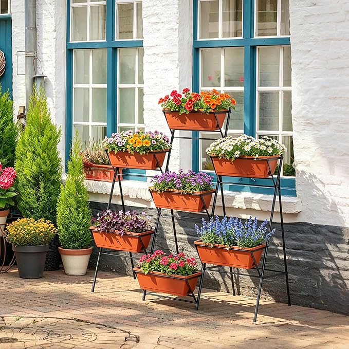 Raised Garden Bed Outdoor Indoor Elevated Tiered Standing Planter Box with Legs Vertical Plastic 7 Planter Boxes Herbs Flowers Vegetables for Backyard Patio Balcony, Red