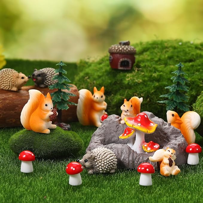 Fairy Garden Accessories, 34 Pieces Resin Squirrel Figures Miniature Garden Ornaments Hedgehog Mushroom Animal Kit for Outdoor DIY Terrarium Potted Plants Dollhouse Desk Decor