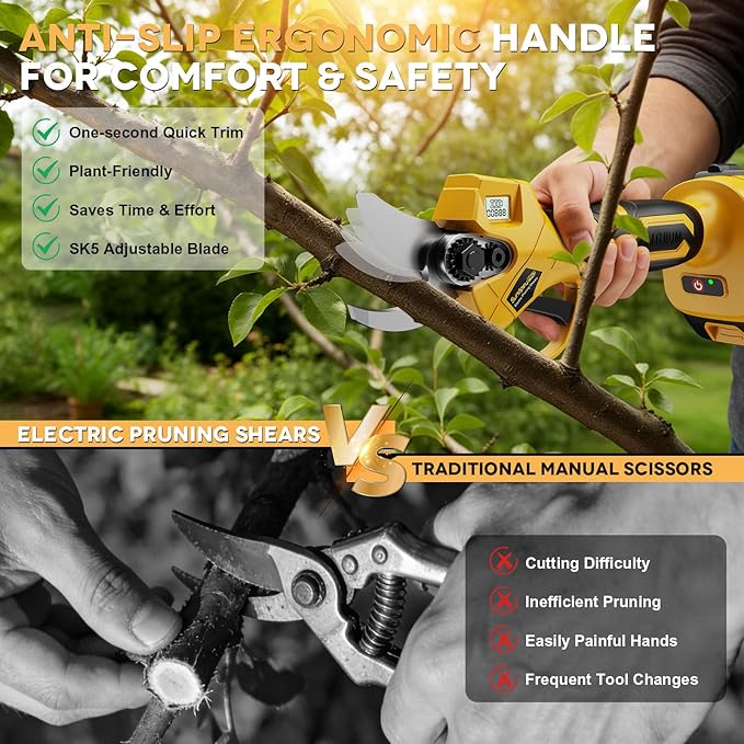 Brushless Cordless Pruning Shears - 21V Max 1.2" Electric Pruners with 2 × 2.0Ah Battery & SK5 Blades & Carrying Case - LCD Display Cordless Secateurs for Garden Orchard Tree Branch Pruning
