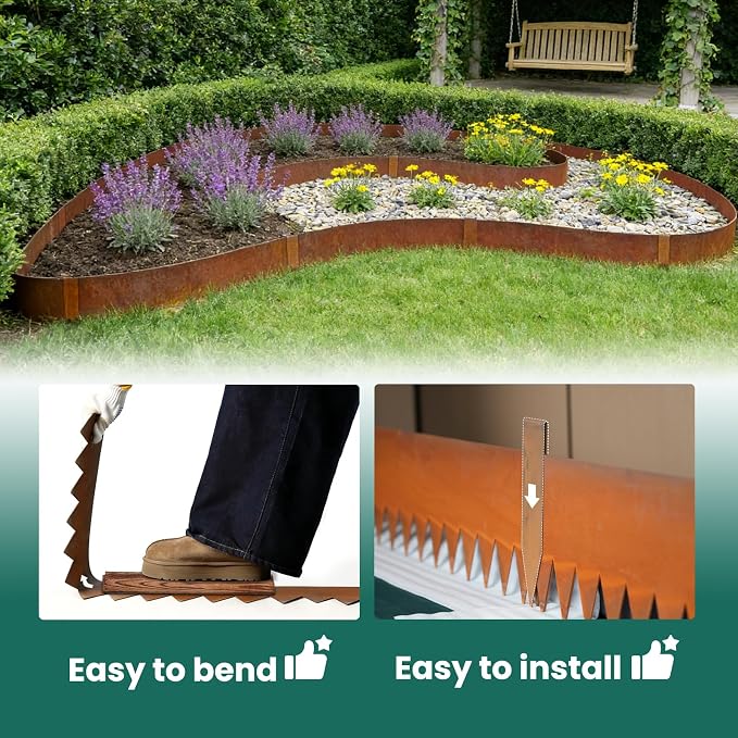 Corten Steel Edging 6 Pack 10" H x 40" L Metal Garden Edging, Metal Landscape Edging Hammer-in Steel Landscaping Thickened Pre-Rusted Steel Edging with 6 Clips and Gloves for Lawn Yard (20Ft Total)