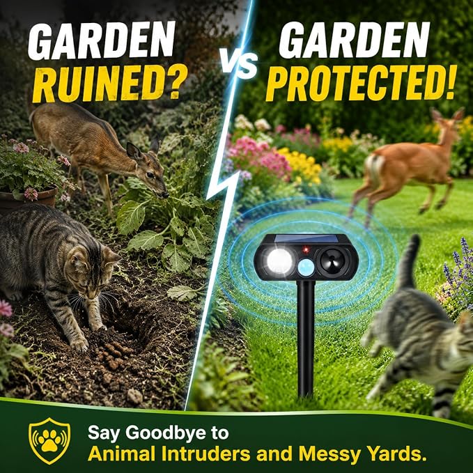 2026 Sonic Fortress Pro Deer Repellent Devices for Plants,4Pack Feral Cat Repellent Outdoor Solar Ultrasonic Animal Repellent with Motion Sensor&Flash Light,Raccoon Fortress Pro for Vegetable Garden