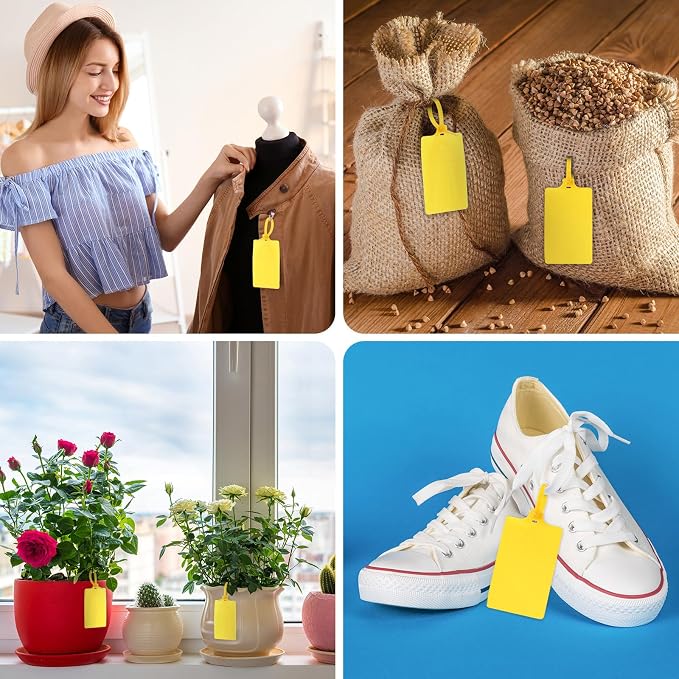 Chunful 500 Pcs Blank Plastic Tags Shipping Tags 3.94"x 2.36" Waterproof Sealing Shipping Labels Bulk Writable Hanging Tag Ties Sealing Strap Reusable Mark Labels for Keys Luggage Logistic(Yellow)
