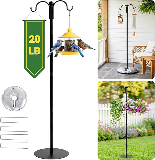 74 Inch Double Shepherds Hooks for Outdoor Bird Feeder Pole, Plant Hangers Balcony, Heavy Duty Garden Hooks Stand for Hanging Basket, Wind Chime, Hummingbird Feeder, 4 Ground Stakes Included