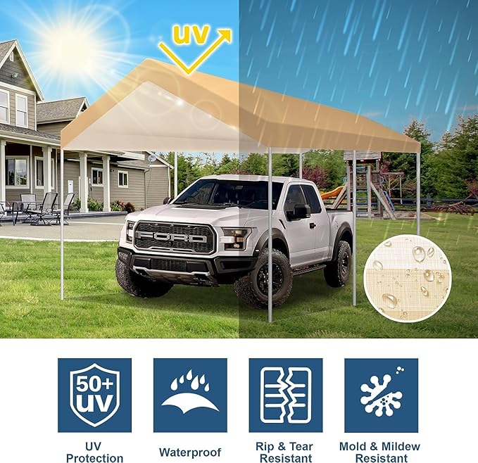 Carport Replacement Canopy Cover for Tent Car Garage Shelter Top Tarp with Ball Bungees (Only Only Top Cover, Frame is not Included) (12' x 20', Beige)