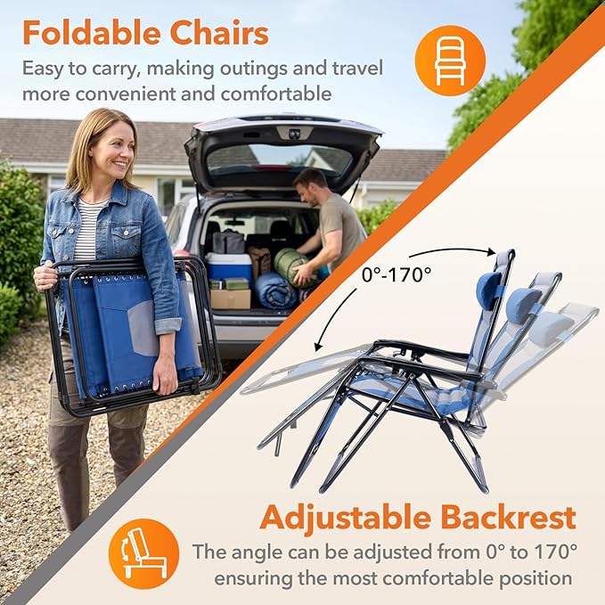 Sweetcrispy Zero Gravity Chairs, Foldable Patio Reclining Chairs with Adjustable Pillow & Cup Holder, Oversized Portable Support 400 lbs, for Backyard Camping(Blue-Gray)