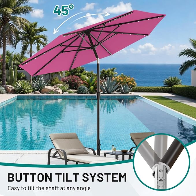 AreShark 9FT Patio Umbrella with Solar Lights, 32 Lighted Pool Umbrella w/Tilt and Crank, Outdoor Market Solar Umbrellas for Garden, Deck, Backyard, Pool and Beach, Rose Pink